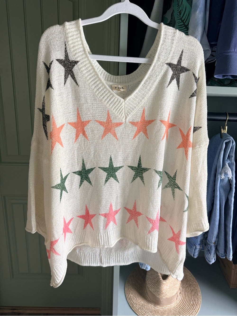 POL Cream V-Neck Star Sweater